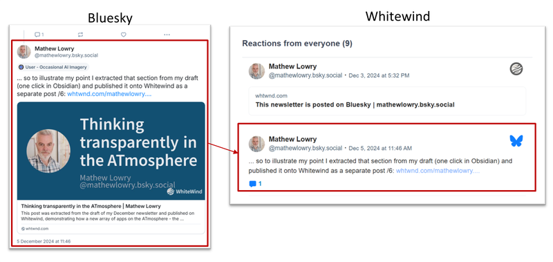 a post on bluesky about a whitewind post appearing on whitewind as a comment