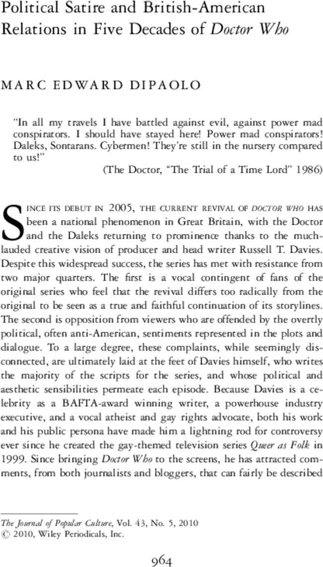 Political Satire and British-American Relations in Five Decades of Doctor Who - DIPAOLO - 2010 - The Journal of Popular Culture - Wiley Online Library